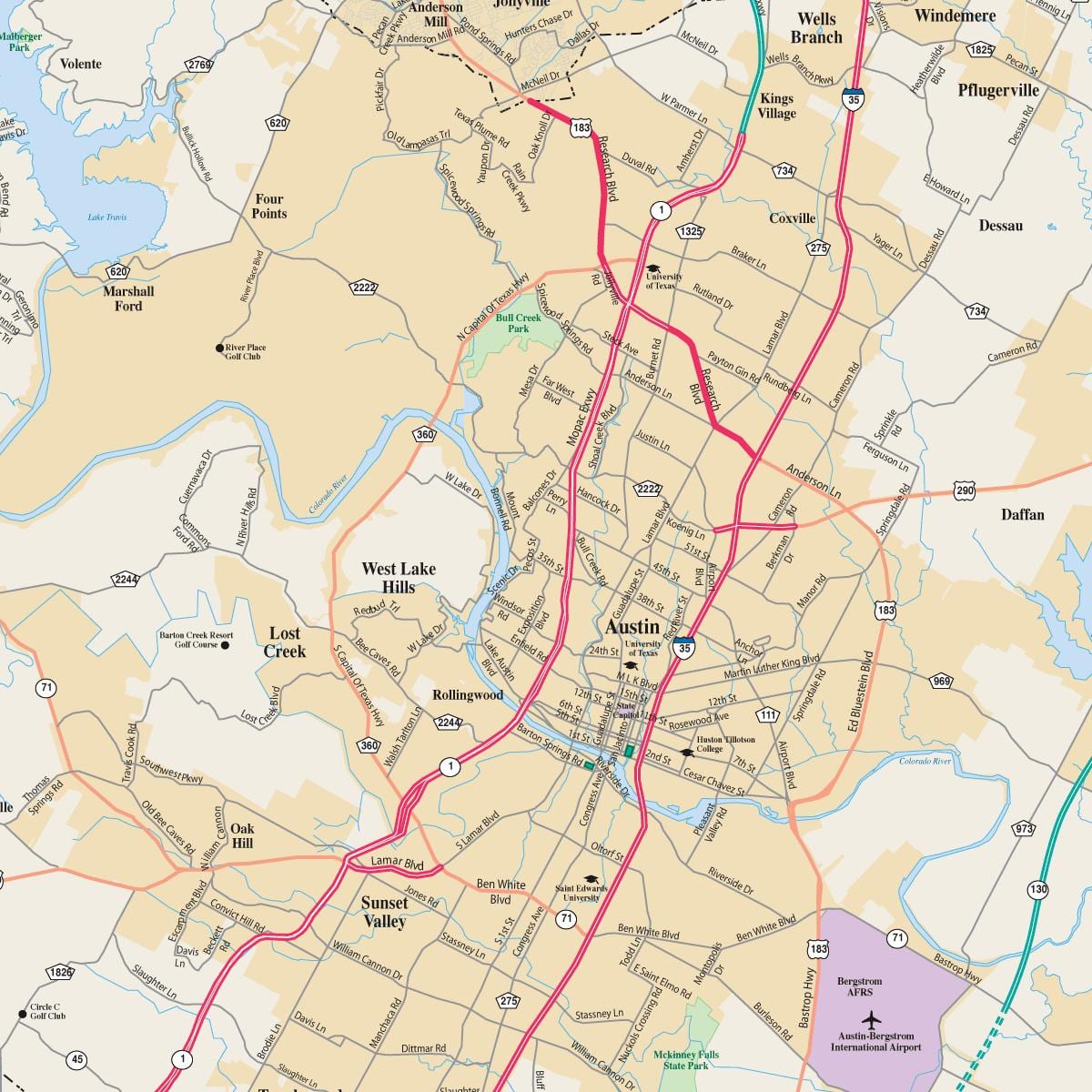 図オースティンテキサス州とその周辺都市
